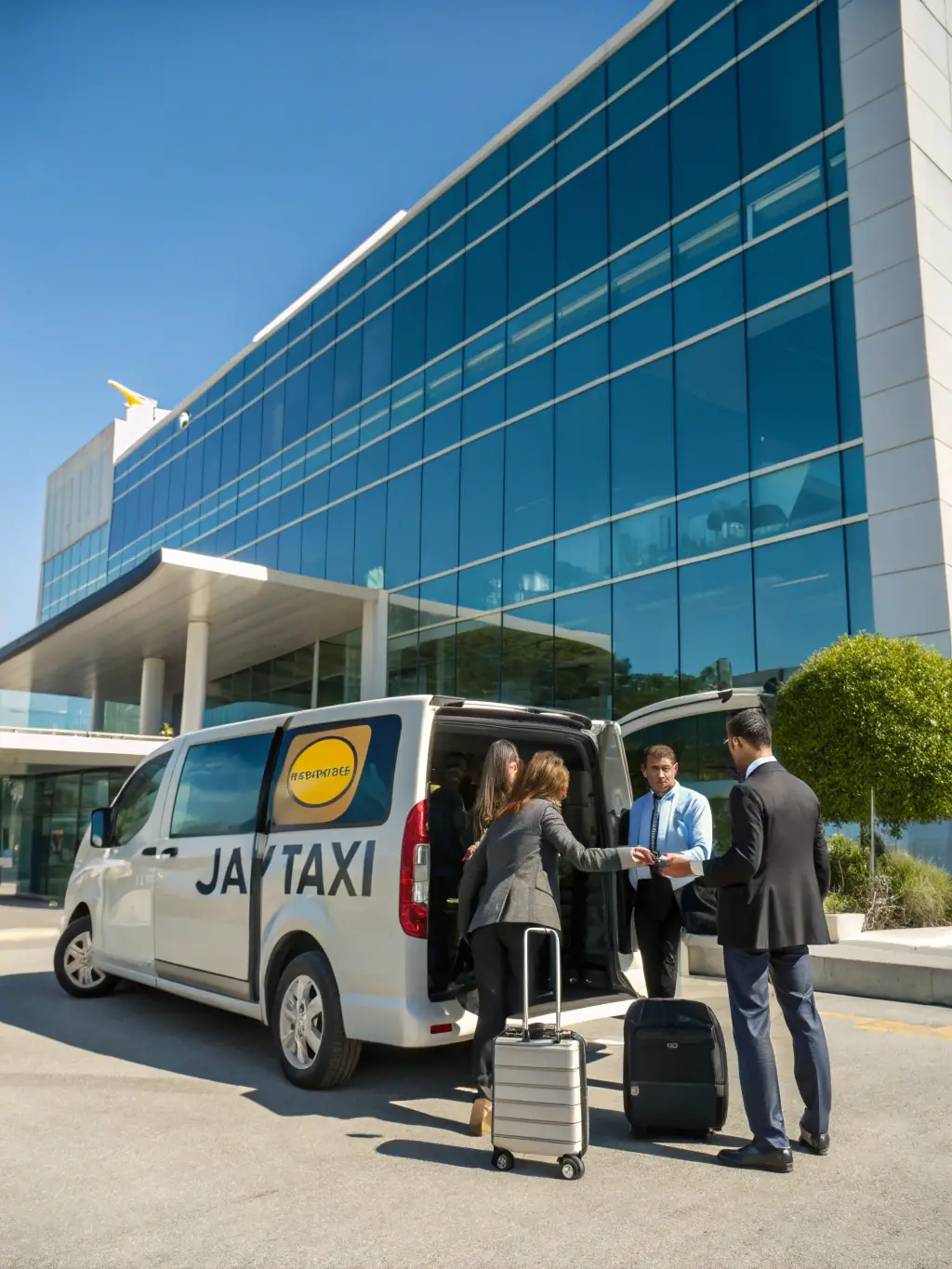 A group of executives stepping out of a luxury van in front of a corporate building, highlighting EliteDrive's corporate travel solutions.