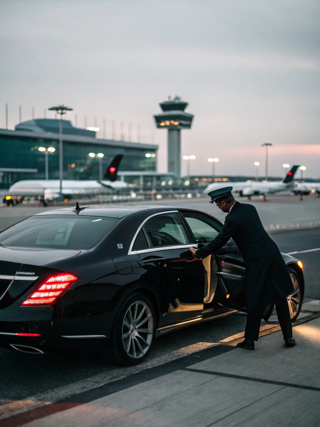 A high-end black sedan waiting at the airport terminal with a chauffeur holding a sign with a passenger's name, showcasing EliteDrive's airport transfer service.
