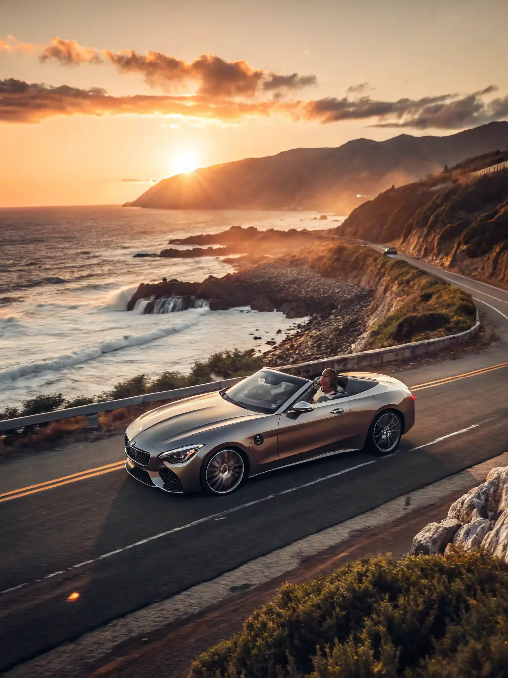 A BMW 7 Series driving along a scenic coastal highway, showcasing its smooth ride and advanced technology, ideal for long-distance travel with EliteDrive.