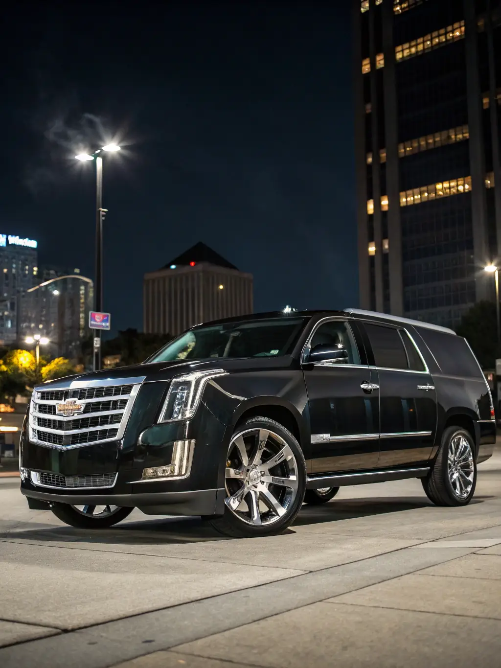 A spacious Cadillac Escalade with tinted windows, parked outside a luxury hotel, representing premium SUV transport for EliteDrive's clients.
