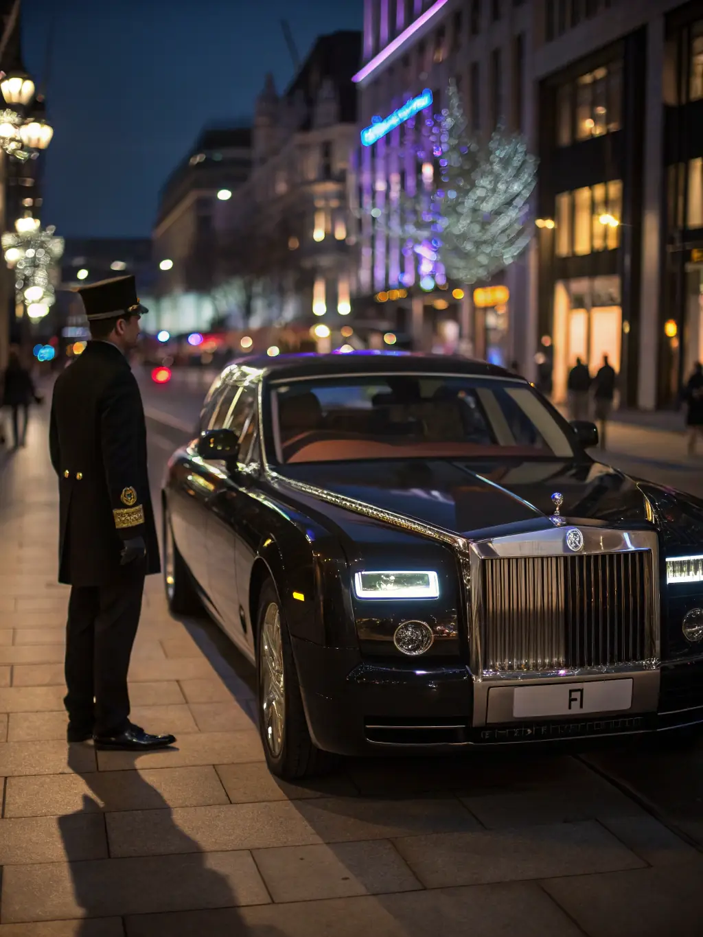 A Rolls-Royce Phantom with a uniformed chauffeur standing beside it, parked at the entrance of a grand ballroom, signifying special event transport for EliteDrive.