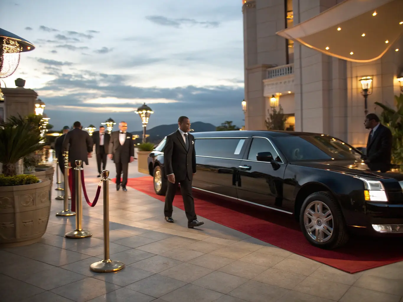 A stretch limousine is pictured arriving at a red-carpet event, with elegantly dressed passengers stepping out. The scene exudes glamour and exclusivity.