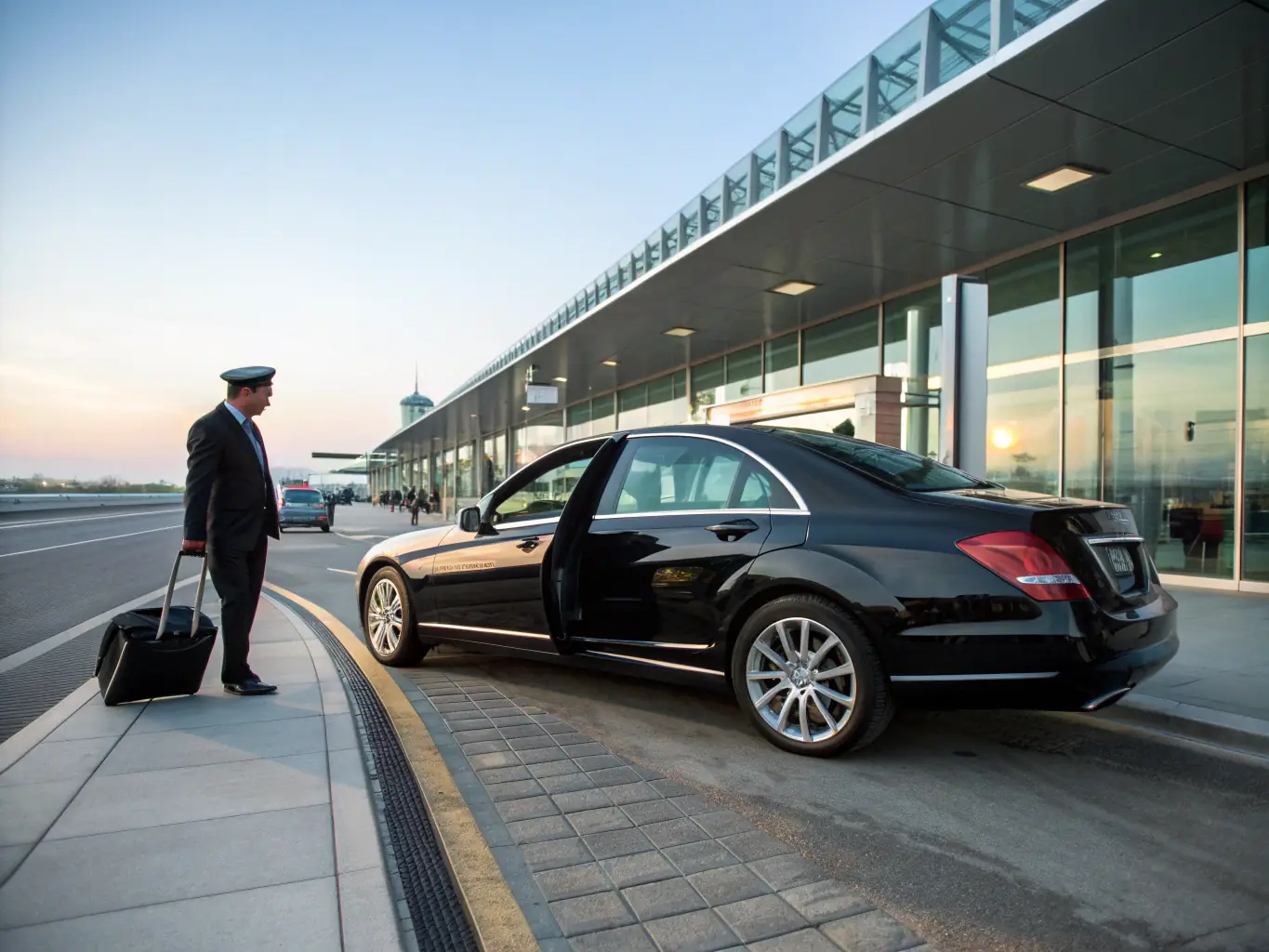 A sleek, black luxury sedan is pictured at the airport, with a chauffeur assisting a passenger with their luggage. The scene conveys efficiency and high-end service.