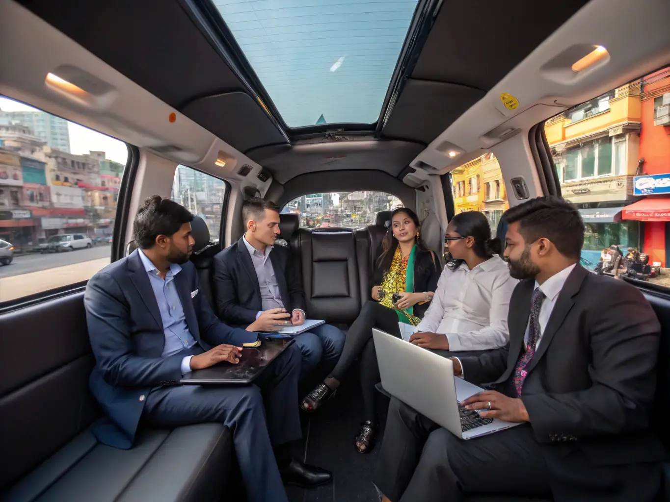 A group of executives is shown inside a luxury van, engaged in a meeting while en route to a conference. The atmosphere is professional and productive.